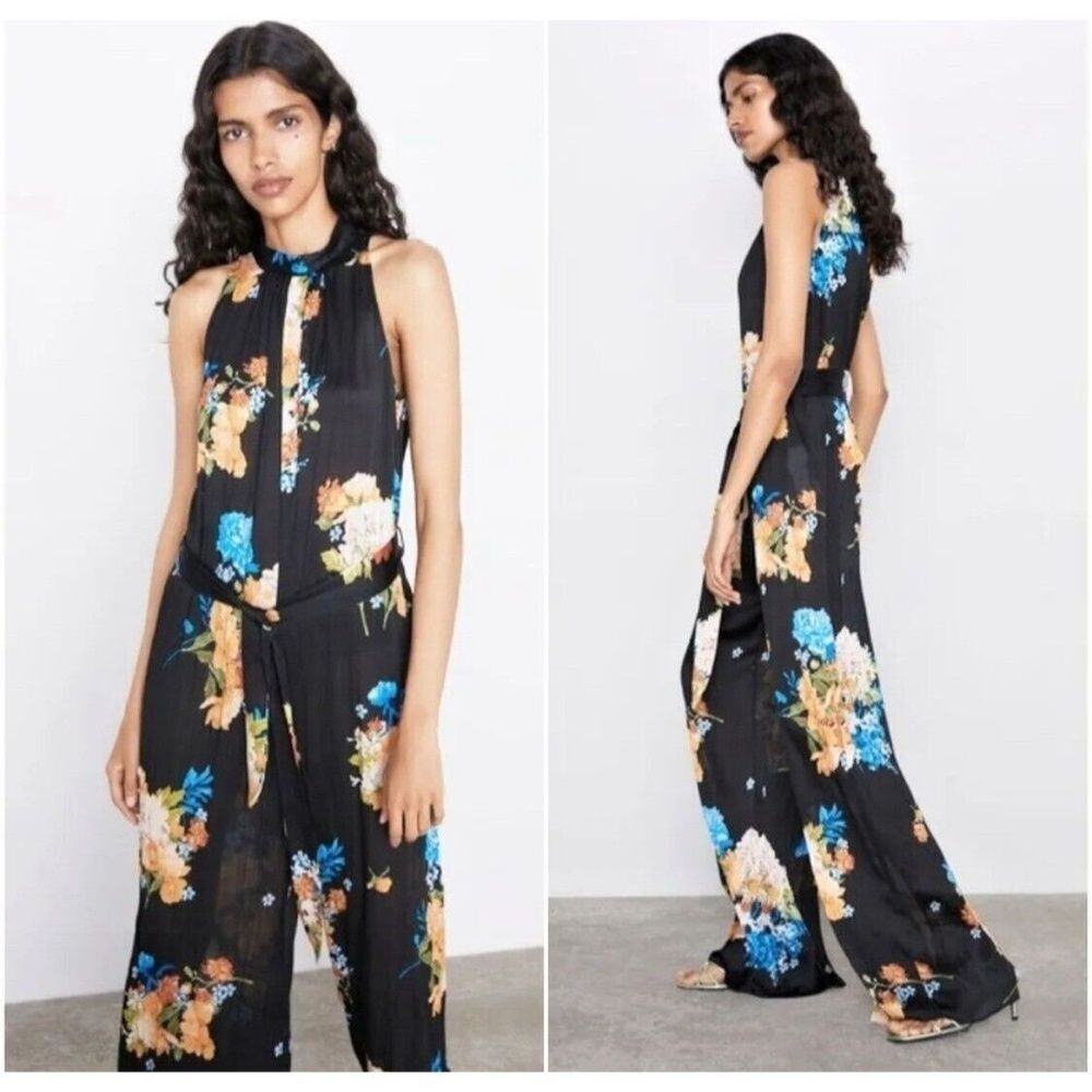 Zara Blogger’s favorite Black Multicolor Floral Chiffon Jumpsuit Size S